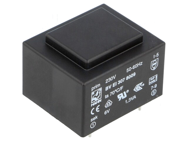 Transformator: ingegoten; 1,3VA; 230VAC; 6V; 216mA; PCB; BVEI Transformator: ingegoten; 1,3VA; 230VAC; 6V; 216mA; PCB; BVEI